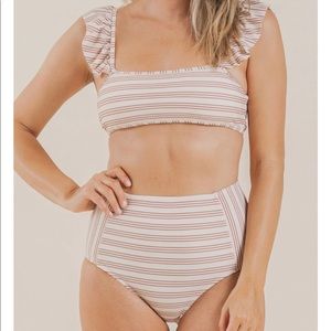 Rylee + Cru ruffle sleeve bikini amber stripe